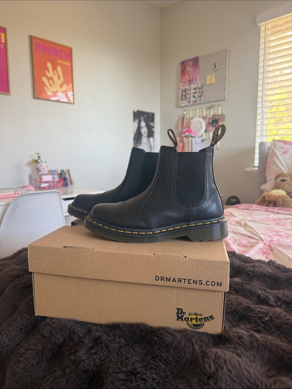 Dr. Martens Black Leather Chelsea Boots with Yellow Welt Stitching
